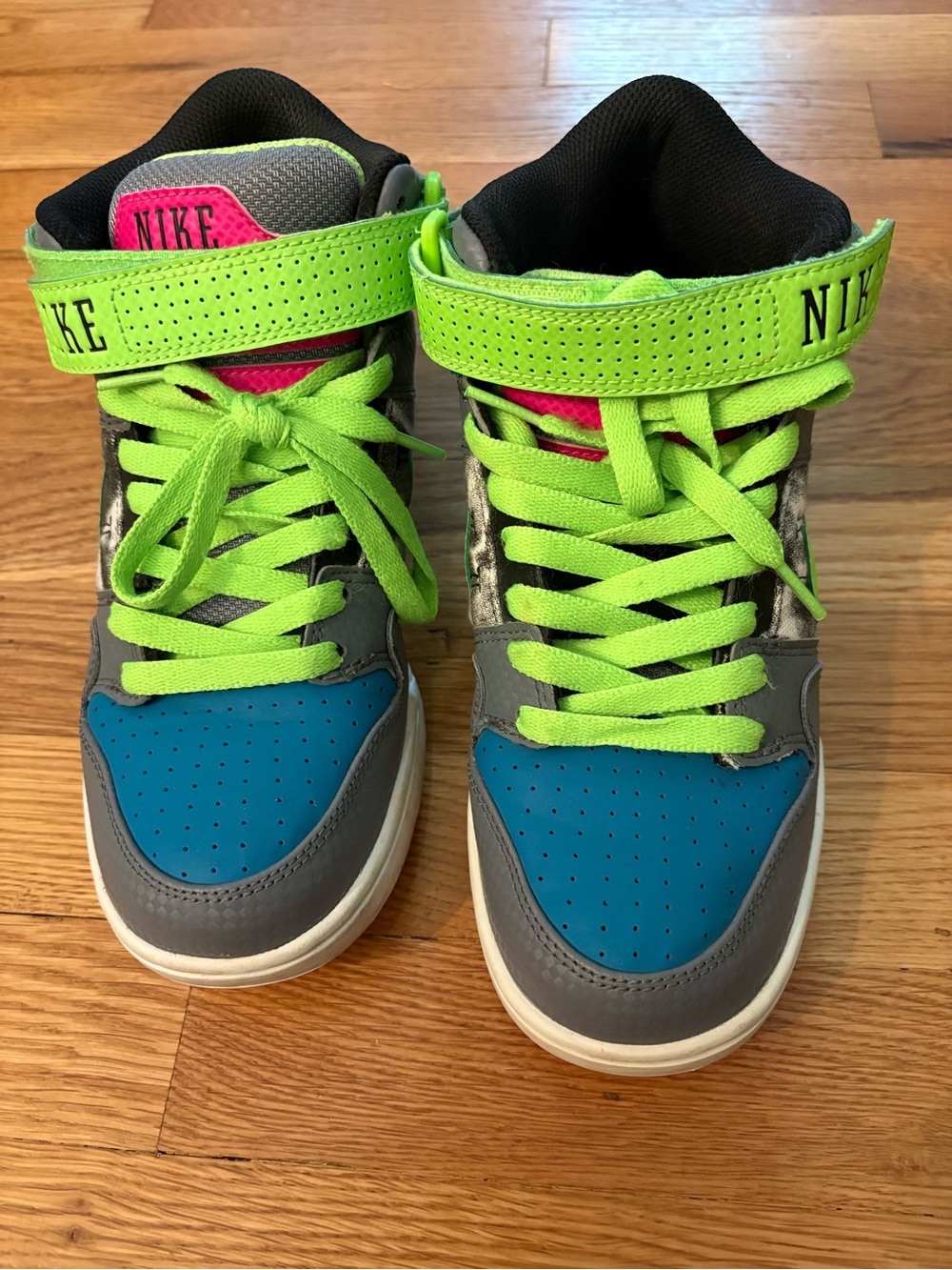 Nike Kids High-Top Sneakers in Neon Green, Blue and Gray